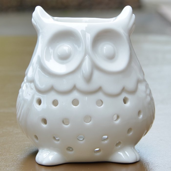 White Lacquered Ceramic Owl Tea Light Burner