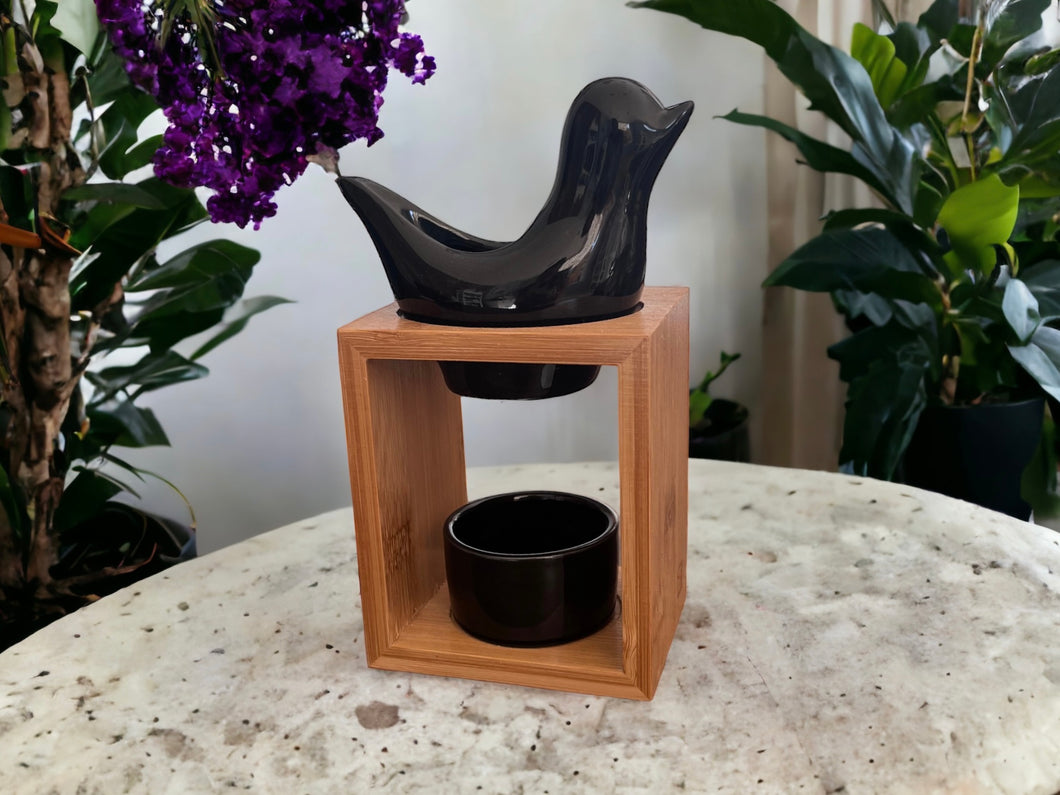 Black Ceramic Bird and Bamboo Tea Light Burner