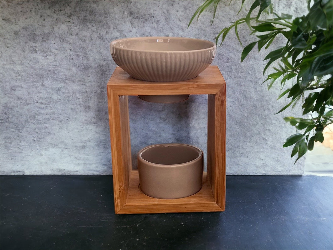 Classic Beige Ceramic and Bamboo Tea Light Burner